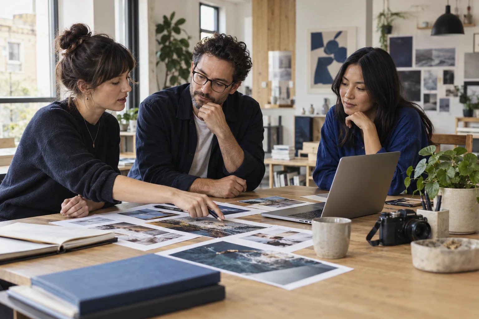 Kreatives Team bespricht gemeinsam gedruckte Entwürfe an einem Arbeitstisch